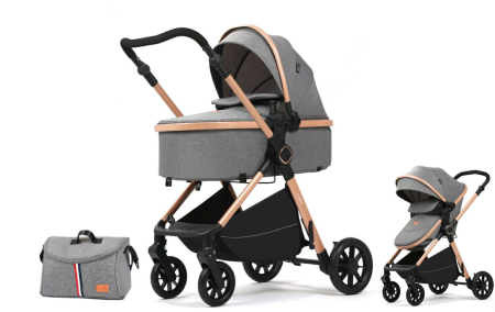 Carucior 2 in 1 - Carucior 2 in 1, Cu Suspensie, Geanta inclusa, Strangere compacta, Maner reversibil,  Gri