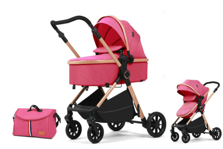 Carucior 2 in 1 - Carucior 2 in 1, Cu Suspensie, Geanta inclusa, Strangere compacta, Maner reversibil,  Pink