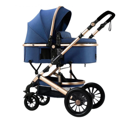 Noutati - Carucior 2 in 1, Dubla suspensie pe roata si cadru, Geanta inclusa, Plasa de tantari inclusa, Roata cauciuc, Albastru