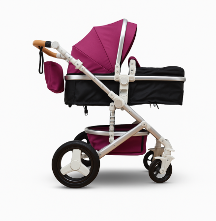 Noutati - Carucior 2 in 1, Dubla suspensie pe roata si cadru , Geanta inclusa, Plasa de tantari inclusa, Roata cauciuc, Mov