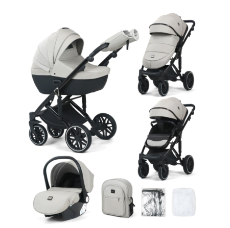 Carucior 3 in 1 - Carucior 3 in 1, 0-36 luni, Colectia Fizio-Lux, Piese distincte, Reversibil, Cu Suspensii, Husa de ploaie si insecte, Manusi de protectie, Eco-piele, Gri