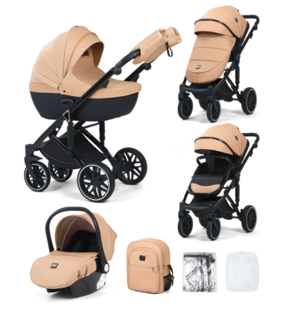 Pentru bebe - Carucior 3 in 1, 0-36 luni, Colectia Fizio-Lux, Piese distincte, Reversibil, Cu Suspensii, Husa de ploaie si insecte, Manusi de protectie, Eco-piele, Bej
