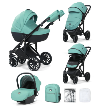 Pentru bebe - Carucior 3 in 1, 0-36 luni, Colectia Fizio-Lux, Piese distincte, Reversibil, Cu Suspensii, Husa de ploaie si insecte, Manusi de protectie, Eco-piele, Green