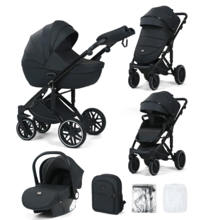 Pentru bebe - Carucior 3 in 1, 0-36 luni, Colectia Fizio-Lux, Piese distincte, Reversibil, Cu Suspensii, Husa de ploaie si insecte, Manusi de protectie, Eco-piele, Negru