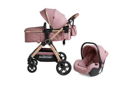 Noutati - Carucior 3 in 1, Cu landou Reversibil, copertina extensibila, geanta pentru scutece, Belecoo, Cu scoica auto