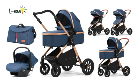 Pentru bebe - Carucior, 3 in 1, cu suspensii duble si landou reversibil, Element sustinere dublu, L-Sun, Albastru