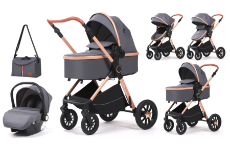 Noutati - Carucior, 3 in 1, cu suspensii duble si landou reversibil, Element sustinere dublu, L-Sun, Gri
