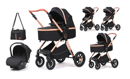 Noutati - Carucior, 3 in 1, cu suspensii duble si landou reversibil, Element sustinere dublu, L-Sun, Negru