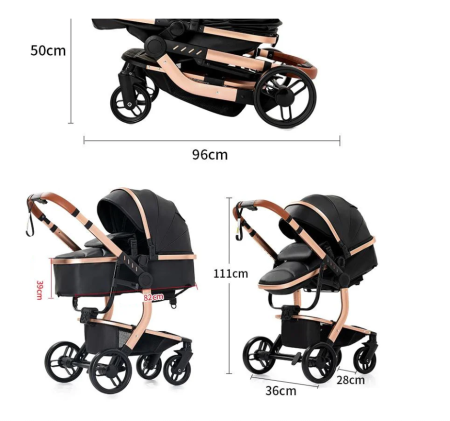 Carucior 3 in 1, Geanta de scutece, Suspensii,  Cadru ergonomic si ranforsat, Rezistent la umiditate, Negru [14]