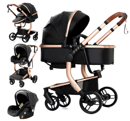 Carucior 3 in 1, Geanta de scutece, Suspensii,  Cadru ergonomic si ranforsat, Rezistent la umiditate, Negru [1]