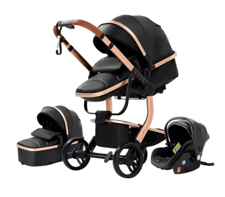 Carucior 3 in 1 - Carucior 3 in 1, Geanta de scutece, Suspensii,  Cadru ergonomic si ranforsat, Rezistent la umiditate, Negru