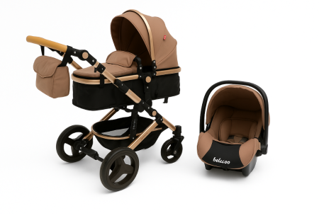 Carucior 3 in 1, Suspensie dinamica pe roti, Geanta inclusa, strangere compacta, Belecoo, Maro cu negru [3]