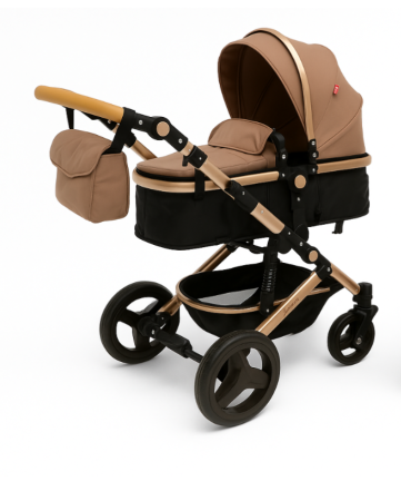 Carucior 3 in 1, Suspensie dinamica pe roti, Geanta inclusa, strangere compacta, Belecoo, Maro cu negru [7]