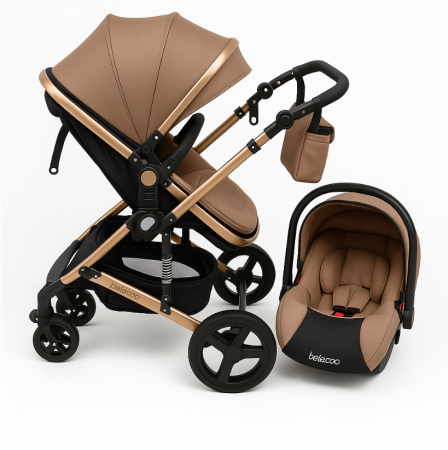 Noutati - Carucior 3 in 1, Suspensie dinamica pe roti, Geanta inclusa, strangere compacta, Belecoo, Maro cu negru