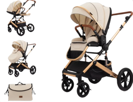 Pentru bebe - Carucior copii, 0-36 luni, Cu suspensii, Maner reversibil, Orginal L-Sun, Husa picioare detasabila, Bej