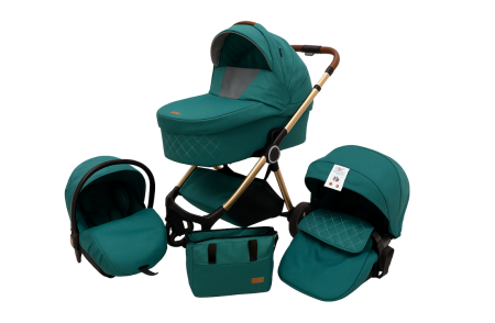 Noutati - Carucior copii, 3 in 1, Cu 3 piese distincte, suspensie pe roata, reversibil, Verde smarald