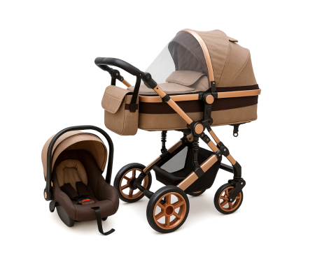 Noutati - Carucior copii, 3 in 1, Ultrapliabil si cu landou reversibil, Element sustinere dubla, maner reglabil, Bej