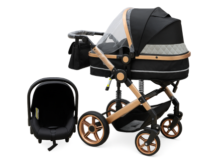 Carucior copii, 3 in 1, Ultrapliabil si cu landou reversibil, Element sustinere dubla, maner reglabil, negru [1]