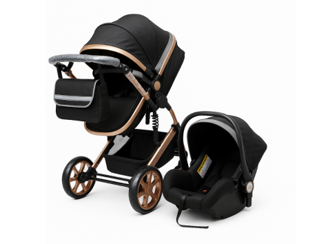 Noutati - Carucior copii, 3 in 1, Ultrapliabil si cu landou reversibil, Element sustinere dubla, maner reglabil, negru