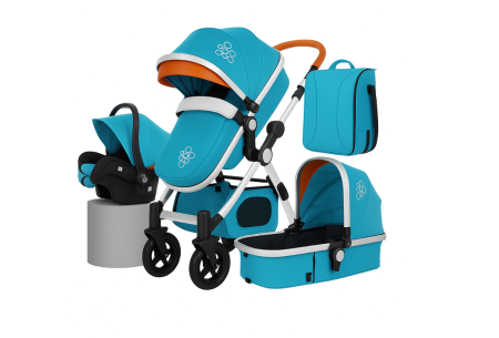 Carucior 3 in 1 - Carucior multifunctional 3 in 1, Dubla suspensie, Modul scoica inclus, Maner reversibil si telescopic, Parasolar cu piele, Saltea de infasat, Albastru