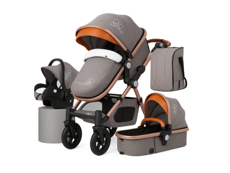 Carucior 3 in 1 - Carucior multifunctional 3 in 1, Dubla suspensie, Modul scoica inclus, Maner reversibil si telescopic, Parasolar cu piele, Saltea de infasat,  Gri