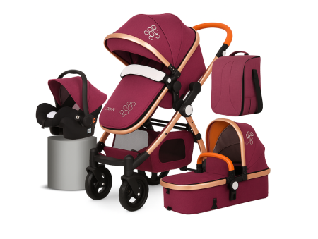 Noutati - Carucior multifunctional 3 in 1, Dubla suspensie, Modul scoica inclus, Maner reversibil si telescopic, Parasolar cu piele, Saltea de infasat, Mov