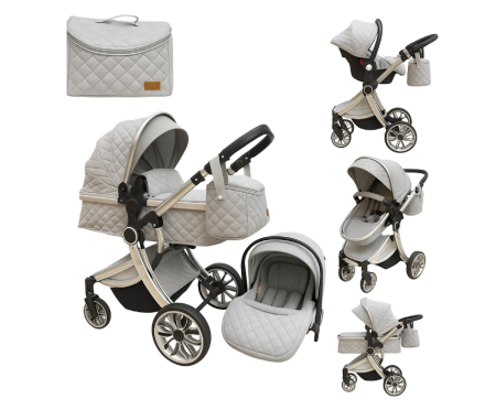 Carucior 3 in 1 - Carucior multifunctional 3 in 1, Forma anatomica, Suspensie dubla si Geanta scutece, Gri