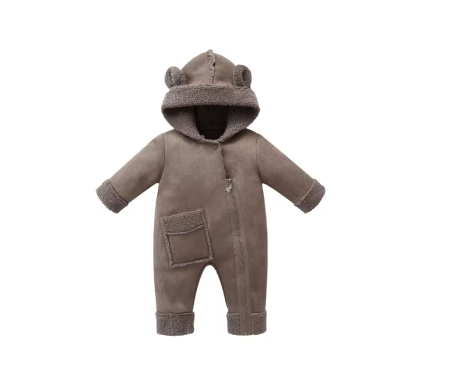 Combinezoane - Combinezon bebelusi, Din blanita, Cu gluga si buzunar, Maro