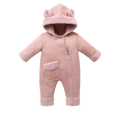 Combinezoane - Combinezon bebelusi, Din blanita, Cu gluga si buzunar, Roz prafuit