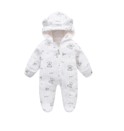 Combinezoane - Combinezon bebelusi, Flausat, Cu urechi, Alb cu ursuleti