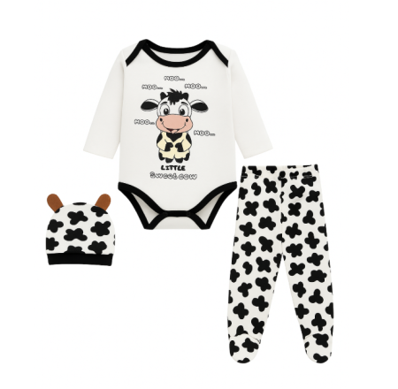 Costumase vara-primavara - Compleu bebe cu caciulita, pantaloni si body, model vacuta