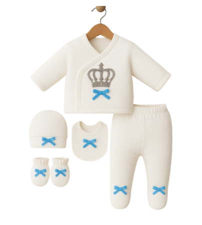 Haine bebe baietei - Compleu nou nascut, 5 piese, Little King