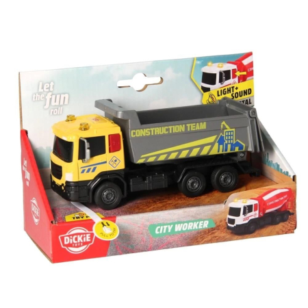 Jucarii - DICKIE TOYS CITY WORKER  VEHICUL DE CONSTRUCTII CU LUMINI SI SUNETE CAMION GALBEN 17CM