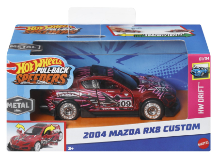 Masinute si trenulete - HOT WHEELS MASINUTA METALICA CU SISTEM PULL BACK MAZDA 2004 RX8 CUSTOM SCARA 1:43