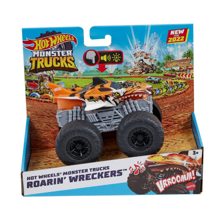 Masinute si trenulete - HOT WHEELS MONSTER TRUCK ROARIN WRECKERS TIGER SHARK CU FUNCTII SI SUNETE SCARA  1:43