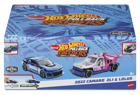 Masinute si trenulete - HOT WHEELS SET 2 MASINUTE METALICE PULL BACK CAMARO ZL1 2022 SI LOLUX 1:43