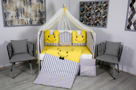 Lenjerii cu baldachin, 8 piese - Lenjerie MyKids 11 piese Figures gri-galben cu baldachin 120x60 cm
