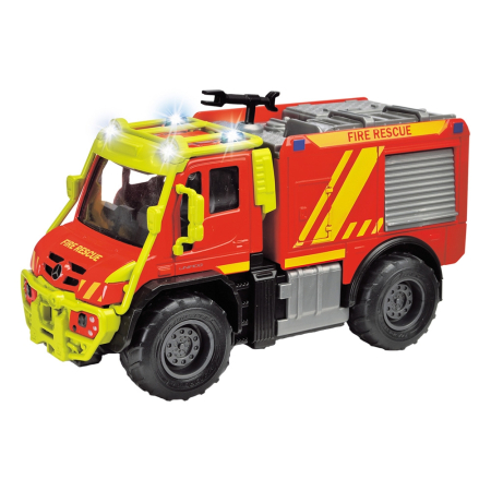bubu-still.ro - Masina de pompieri Majorette Mercedes Unimog U530 Fire Truck 13 cm cu lumini si sunete
