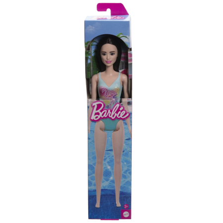 Papusi, plusuri, zane si figurine - PAPUSA BARBIE BRUNETA CU COSTUM DE BAIE ALBASTRU