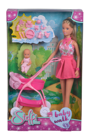 Papusi, plusuri, zane si figurine - PAPUSA STEFFI IN ROCHITA ROZ SI CU CARUCIOR BEBE