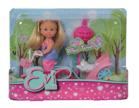 Papusi, plusuri, zane si figurine - PAPUSICA EVI CU PANTALONI CU ANIMALUT LA PLIMBARE CU BICICLETA