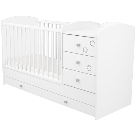 Patut din lemn - Patut copii transformabil din lemn cu 4 sertare Hubners Matei Kombi 120x60 cm alb cu stelute