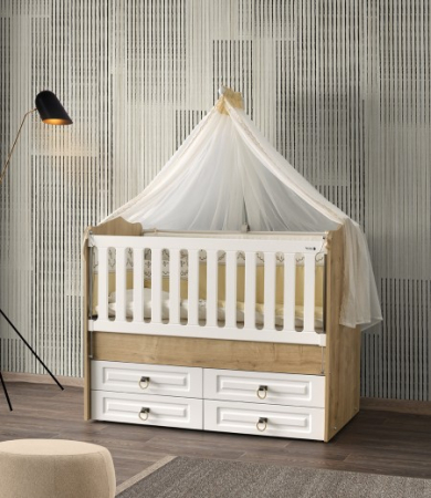 Patut din lemn - Patut cu leganare si lat. culisabila MyKids Esla Natur Alb 130x70