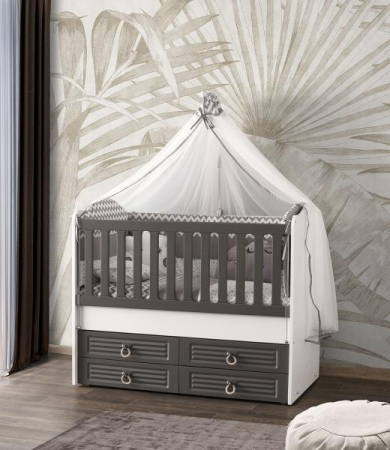 Patut din lemn - Patut cu leganare si lat. culisabila MyKids Olivia Alb Gri 130x70