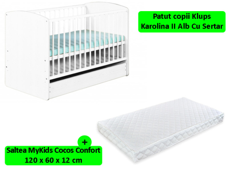 Patut din lemn - Patut cu sertar KLUPS Karolina II Alb + Saltea 12 MyKids Confort II
