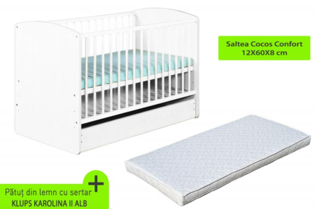 Patut din lemn - Patut cu sertar KLUPS Karolina II Alb + Saltea 8 MyKids Confort II