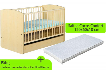 Patut din lemn - Patut cu sertar KLUPS Karolina II Natur + Saltea 10 MyKids Confort II