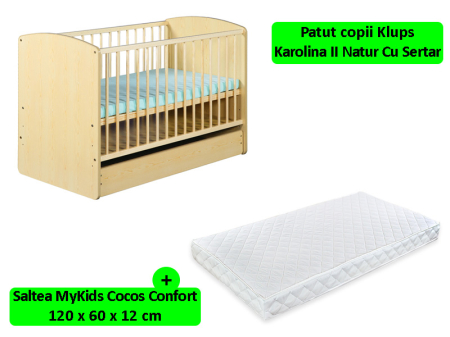 Patut din lemn - Patut cu Sertar KLUPS Karolina II Natur + Saltea 12 MyKids Confort II