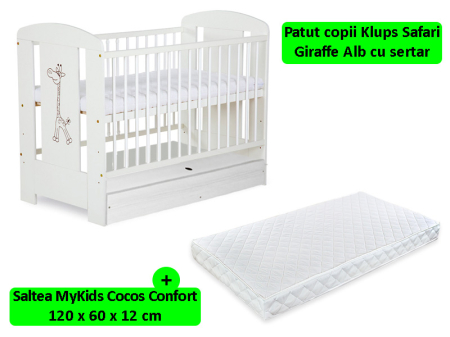 Patut din lemn - Patut cu sertar KLUPS Safari Giraffe Alb + Saltea 12 MyKids Confort II