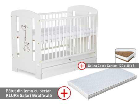 Patut din lemn - Patut cu sertar KLUPS Safari Giraffe Alb + Saltea 8 Mykids Confort II